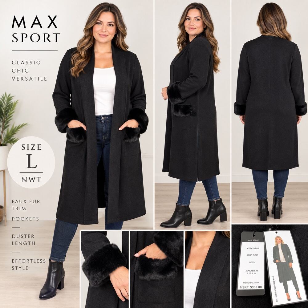 Max Sport Womens Duster Cardigan Black Faux Fur Cuffs Pockets Long Sweater L NWT